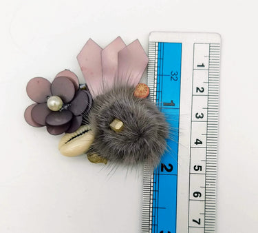 Hand Embroidered Metallic Grey Applique With Cowrie Shell, Sequins,Pearl and Feather Pom Pom
